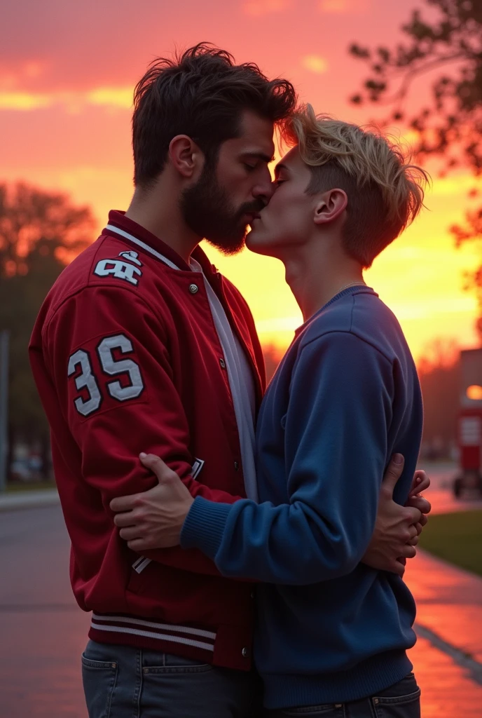 Bearded athlete in red football jacket kissing handsome blond boy in blue sweater at school 80s sunset gay couple