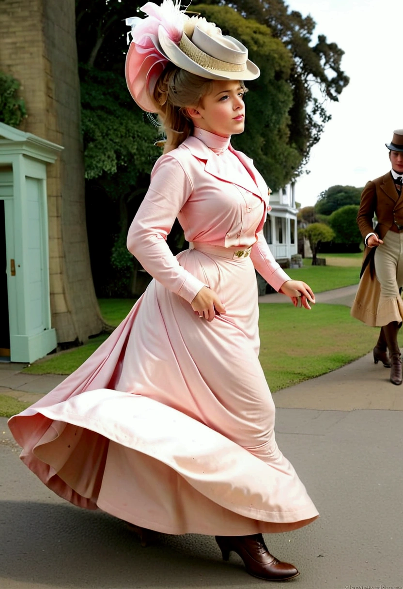 A sexy 14yo Gibson Girl walking down a windy street. Year 1902. 1900_dr3ss. Pink high-collar long sleeve shirtwaist, ornate picture hat, long skirt, petticoats, silk stockings, boots. Thotty demeanor. Hourglass figure. Large chest, wasp waist, bubble butt. Edwardian setting.