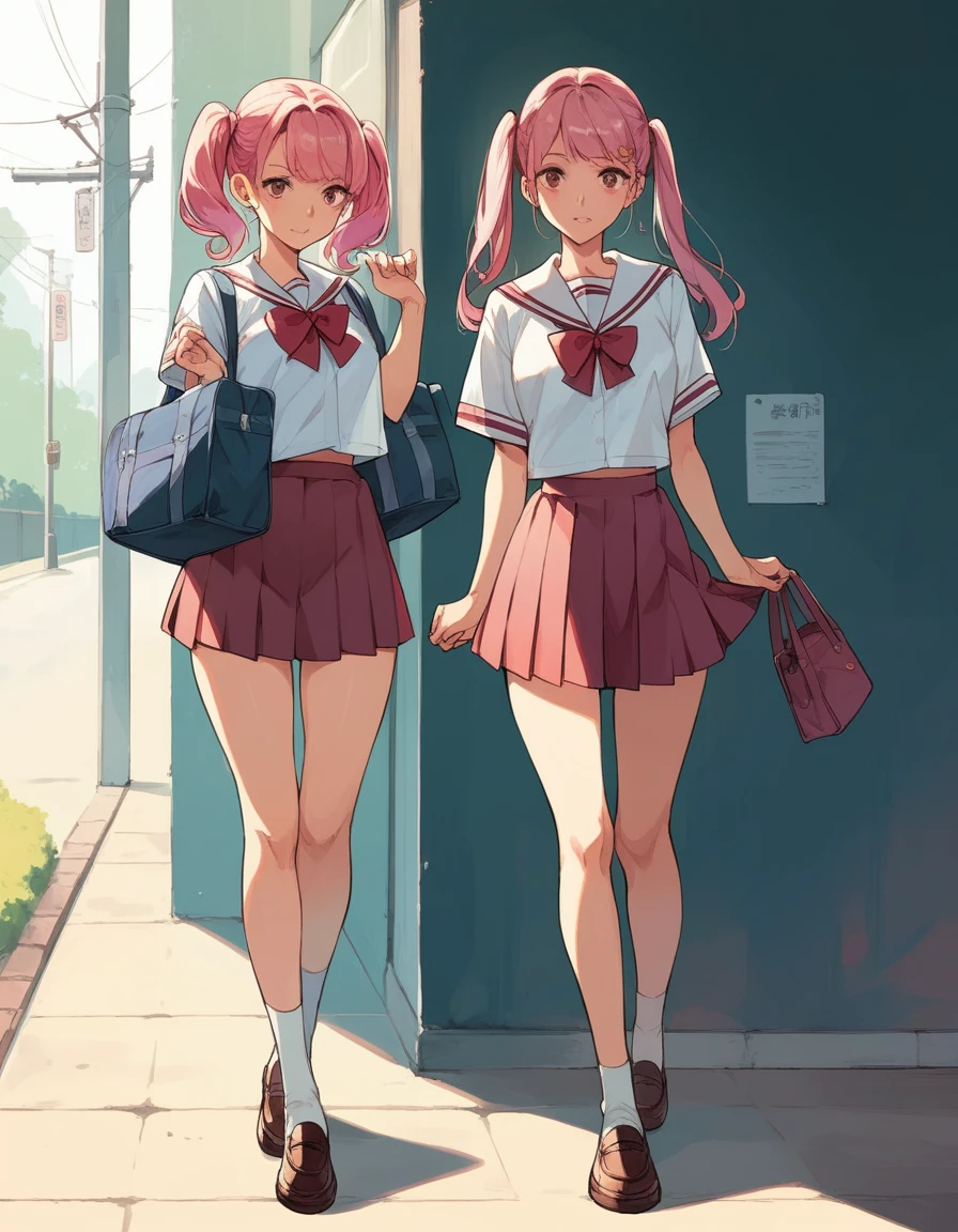 sexy sister , anime comic, 3 frame comic, full body, school uniform, pink hair, 2 ponytails,