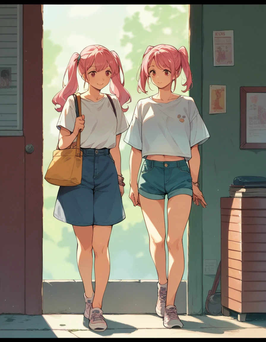 sexy sister , anime comic, 3 frame comic, full body, casual clothes, pink hair, 2 ponytails,