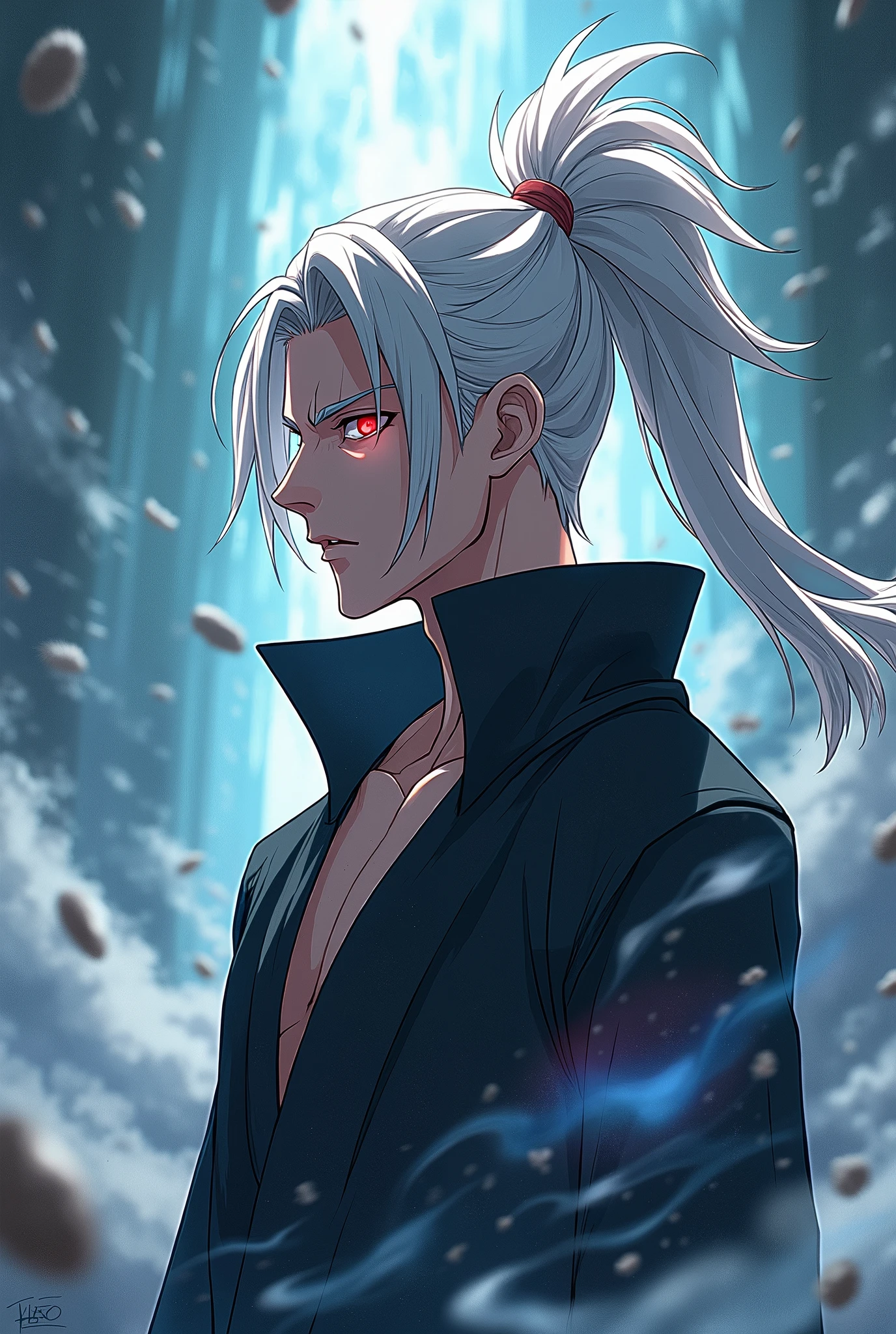 Make a Naruto anime character with white hair, Male Ponytail and Red Eyes WITHOUT Realism 