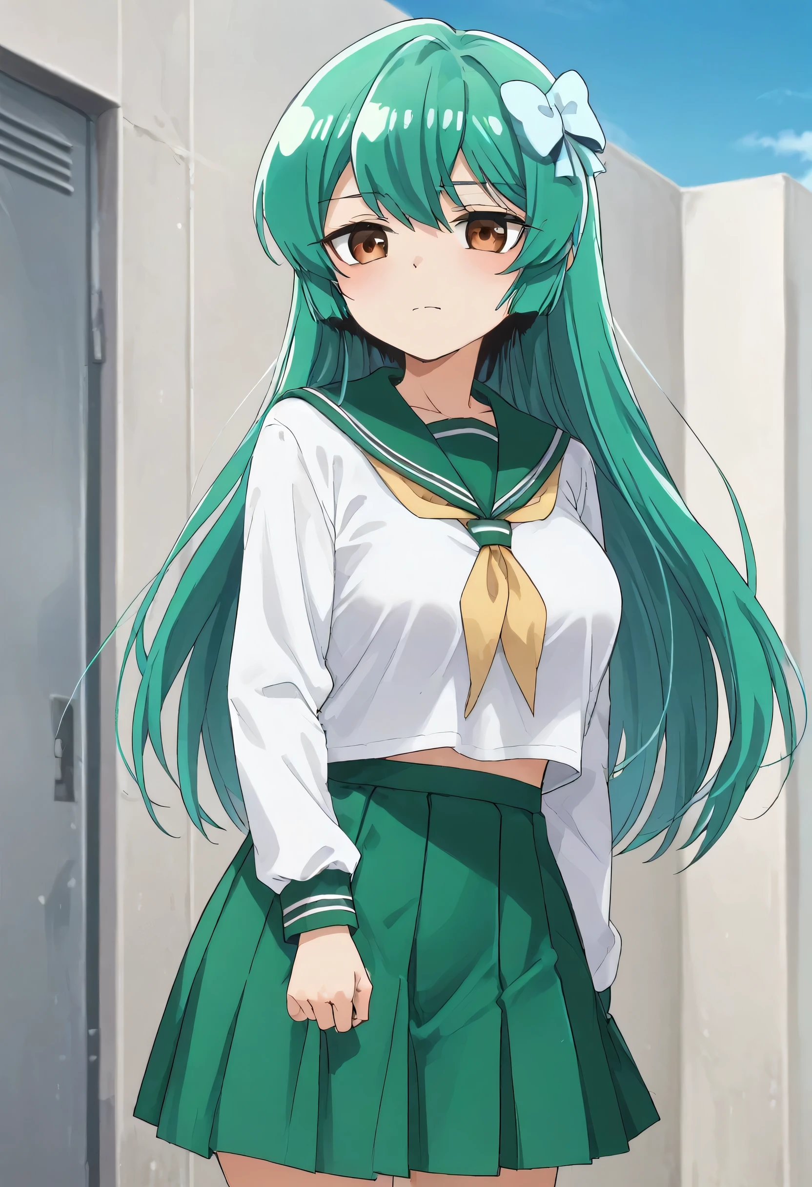 sayo minakami, long hair, brown eyes, bow, hair bow, green hair, skirt, shirt, long sleeves, school uniform, white shirt, pleated skirt, serafuku, sailor collar, neckerchief, green skirt, green sailor collar,big breast
