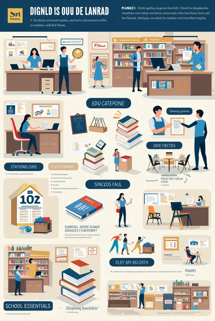 Create this infographic in image, with navy and khaki color theme What is SR. PLUMEZA?
Document services and procedures • Birth Certificate • CURP • CFE Receipt Update • Tax Status Certificate Update Educational resources • Teaching material • Blackboards, Markers and erasers Stationery • Bond paper, layer, polishing and other • Office supplies Cleaning • Brooms, Mops and cleaning equipment • Soaps, antibacterial gel and cleaning supplies School supplies • Pencils, pencils, erasers and more • Backpacks, pencils and organizers Haberdashery • Needles, hooks and sewing tools.
• Threads, buttons, ribbons and other sewing accessories Binding • Binding • Laminating Document reproduction area • Photocopying • Scanning • Prints Art • Paintings, brushes and stencils • Other materials and tools for artistic creation