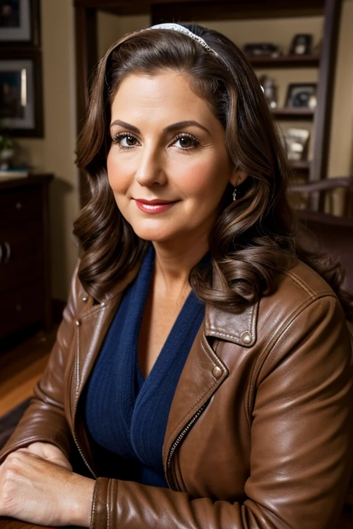 Medium view, of young aged, 2, mom, gilf, milf, face portrait, jewish features, chubby, long hair, brown hair, 1940s hair style, 1940s clothing, leather jacket, in cozy jewish home 1936, sweaty