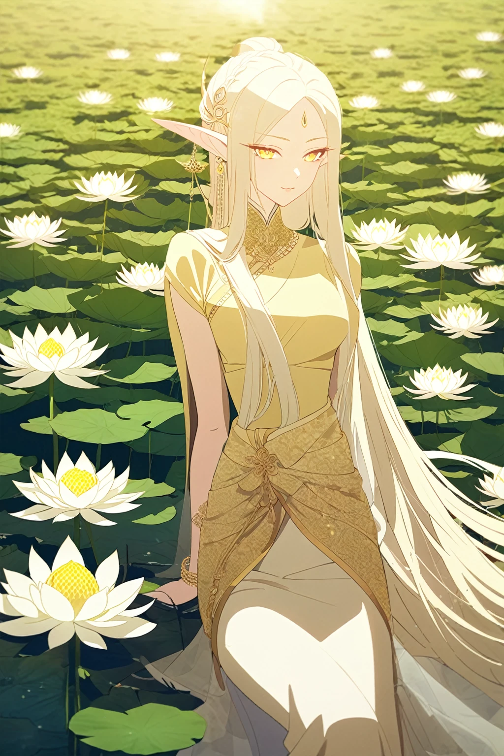 1woman, elven ears, light god, light blonde hair, longest hairstyle, glowing yellow eyes, lotus fields, thai style, elegant, traditional thai clothes,