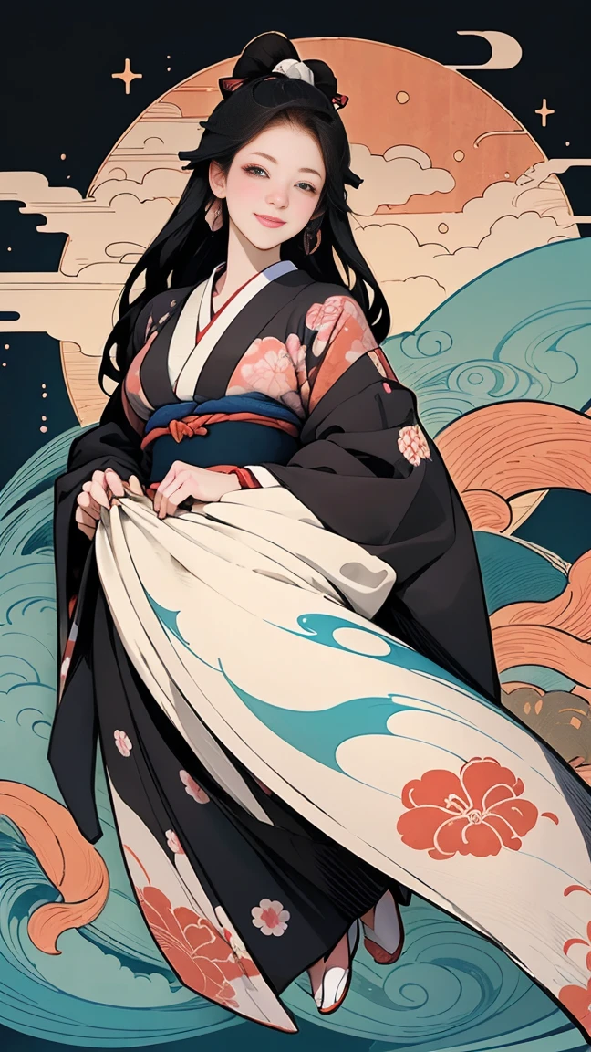 A beautiful woman smiles and shows her upper white teeth、Vividly colored Japanese Ukiyo-e style illustrations、(SeaArt creates stunning illustrations of beautiful women in kimono)、Brown-black long hair、Beautiful full body style、Let&#39;s dance a little Tokyo Ondo Yoiyoi、Beautiful digital painting,、Bright vibrant digital anime art、 Detailed digital anime art、 Beautiful anime portraits、background、Torii gate of a shrine in Kyoto, Japan、Detailed CG、