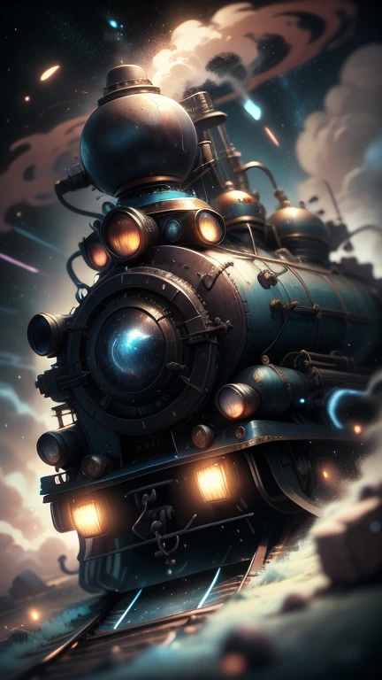 Fantasy，8k,Extremely detailed, masterpiece,High resolution,Highest quality,Increase the resolution,Cinema Lighting,Different space，4 dimensional world，Night on the Galaxy Express，cyber-，light blue body，Train-shaped spaceship，Steam locomotive-type spaceship，Maneuvering with a fusion reactor，30-car train、Run through the space zone，Numerous stars，Many Galaxies，Milky Way，Cruising at the speed of light，Seeing the Earth in the distance，Super Express，Andromeda Galaxy visible，Wide angle of view，Vision，Floating in the air，In the dazzling light，Extremely colorful，The whole carriage is visible，S-shaped，Rail of light，colorful cloud nebula，The whole universe glows blue