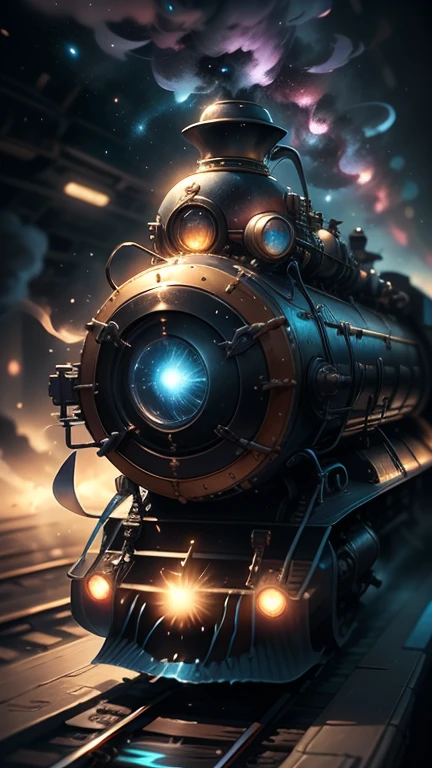 Fantasy，8k,Extremely detailed, masterpiece,High resolution,Highest quality,Increase the resolution,Cinema Lighting,Different space，4 dimensional world，Night on the Galaxy Express，cyber-，light blue body，Train-shaped spaceship，Steam locomotive-type spaceship，Maneuvering with a fusion reactor，30-car train、Run through the space zone，Numerous stars，Many Galaxies，Milky Way，Cruising at the speed of light，Seeing the Earth in the distance，Super Express，Andromeda Galaxy visible，Wide angle of view，Vision，Floating in the air，In the dazzling light，Extremely colorful，The whole carriage is visible，S-shaped，Rail of light，colorful cloud nebula，The whole universe glows blue