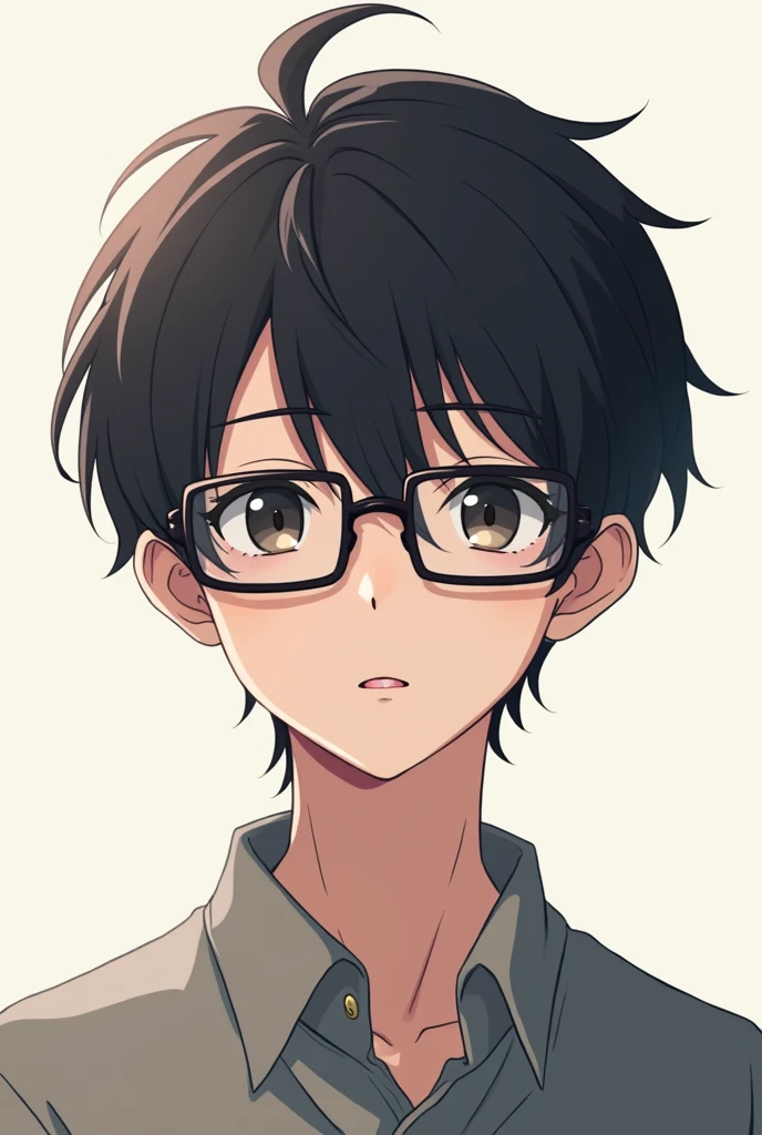 As an anime boy with glasses looking at the camera, It's for an artist's ft for instagram, rectangular lenses