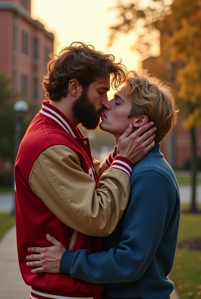 Bearded athlete in red football jacket kissing handsome blond curly hair boy in blue sweater at school 80s sunset gay couple
