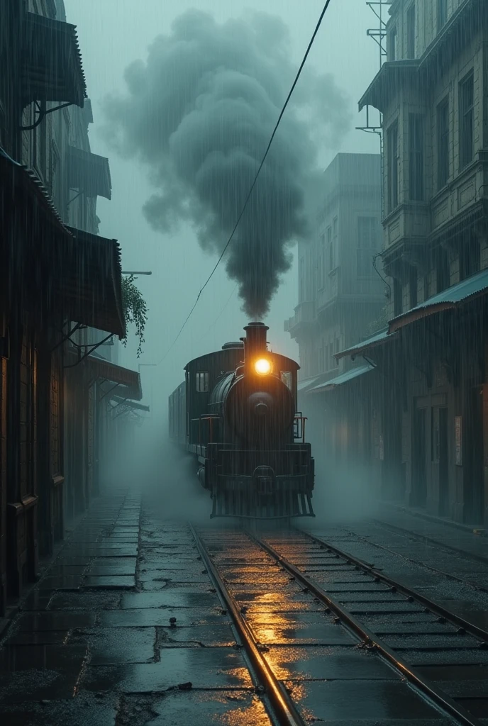 A train passes through a deserted street in the middle of heavy rain.
