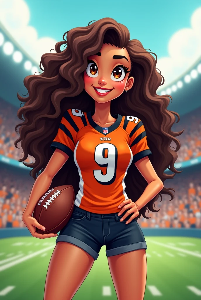 Cartoon white woman with long kinky curly brown hair, hazel eyes, wearing a Cincinnati Bengals jersey number 9, shorts standing in a football stadium holding a football