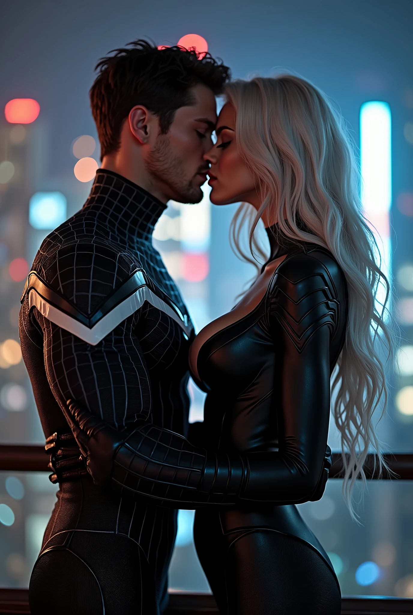 A stunning portrait of muscular Peter Parker in his black suit and white suit, symbiote suit, kissing, French kiss, passionate kiss, Felicia Hardy as the marvel character Black Cat, young and beautiful, hyper realistic, real portrait, backlit, exquisite features, cleavage, sexy, seductive, her hair is white, she is wearing a black leather body suit unzipped to her belly button, location is city rooftop at night. Neon lights, large breasts, athletic body, narrow waist, wide hips, Spider-Man’s suit is only black and white, he is not wearing his mask, Peter Parker