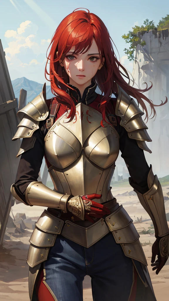 ((((masterpiece, Highest quality, High resolution)))), Extremely detailed 8K, 1 female, Wearing armor like a warrior, (Ultra HD, Very detailed, Very detailed, Very realistic, Ultra-realistic, Photo Real), (One person:1.5), (Realistic red hair), (Dynamic pose), To the camera, View your viewers, (Serious and calm face), (Normal black eyes, Sharp eyes), (Firm breasts:1.2), (Beautifully detailed face, Beautiful attention to detail), ((Armor damaged)), (Preparing for Battle), Sweat, Shine, (Sunbeam, sunlight), ((Cowboy Shot)), Battlefield Background, Fascinating, EnvyBetterHands LoCon,