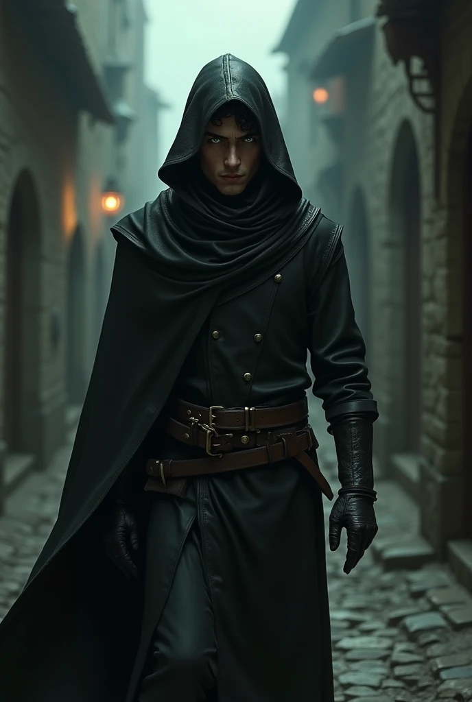A thief of , naughty man, with pale skin, 1,70 tall. He has striking green eyes and curly black hair.. Your build is thin, and he wears black leather clothes with a hood, typical of the medieval era. His expression is cautious, befitting his suspicious nature as he navigates the shadows.