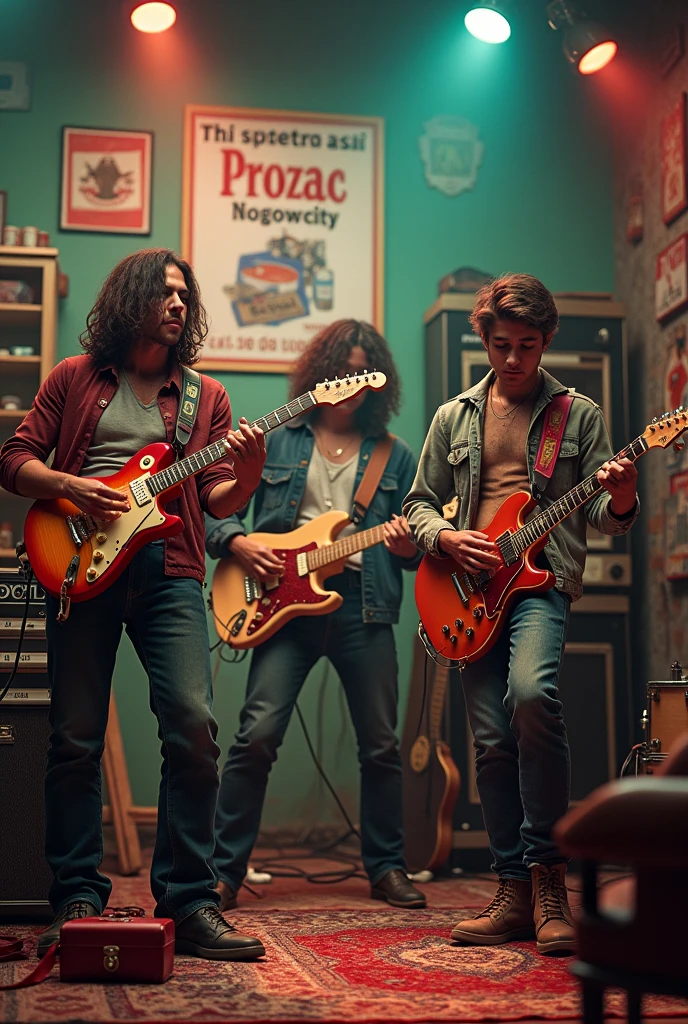 In a room with guitars playing at being a rock band , and a poster called PROZAC in a room in Mexico City in the 1980s ,traveling in a time machine to the future where they become great rockers