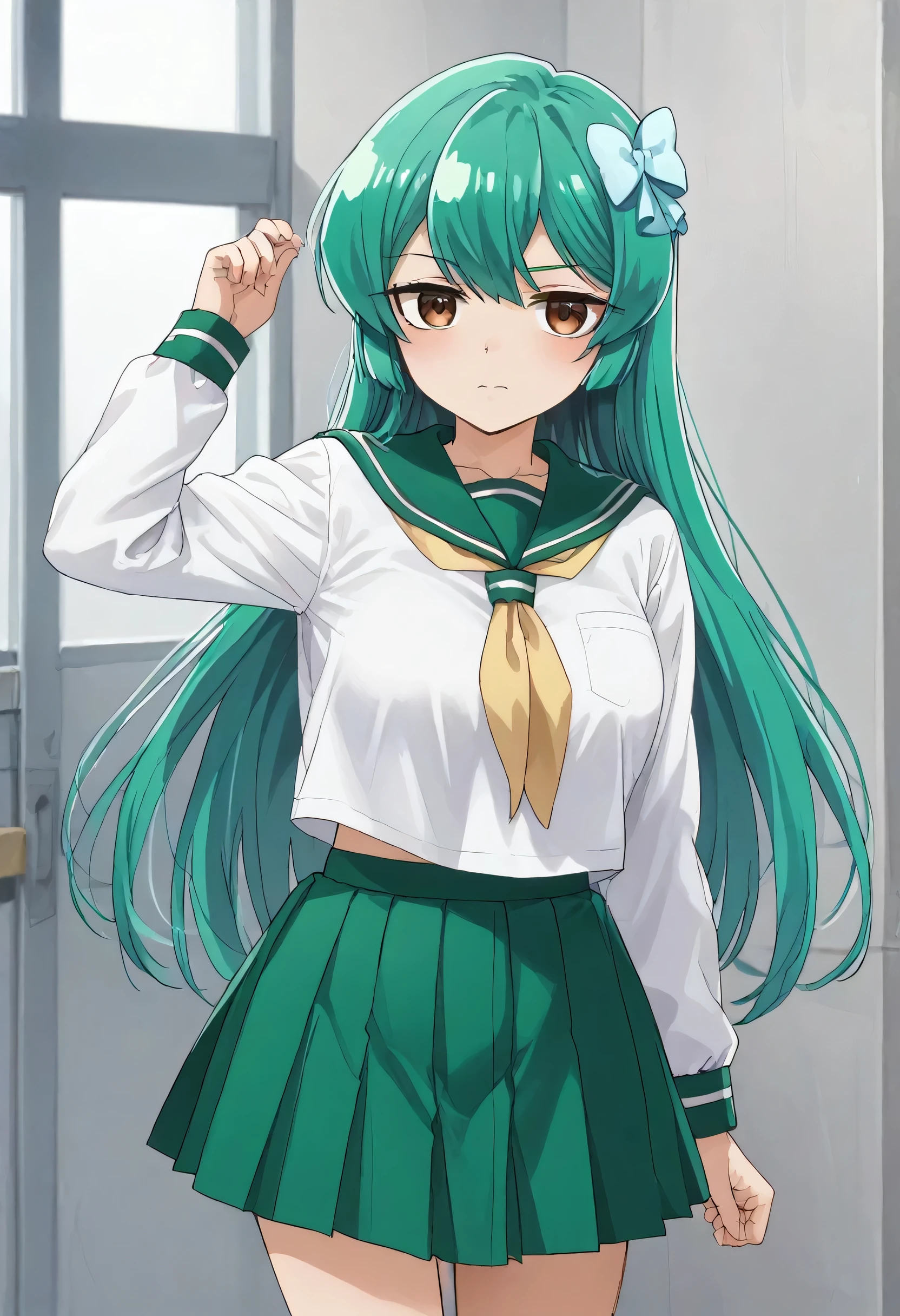 sayo minakami, long hair, brown eyes, bow, hair bow, green hair, skirt, shirt, long sleeves, school uniform, white shirt, pleated skirt, serafuku, sailor collar, neckerchief, green skirt, green sailor collar,big breast
