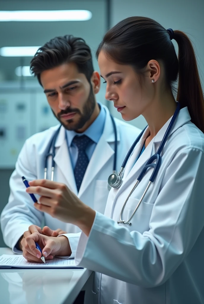 Two doctors with a pen in their hand