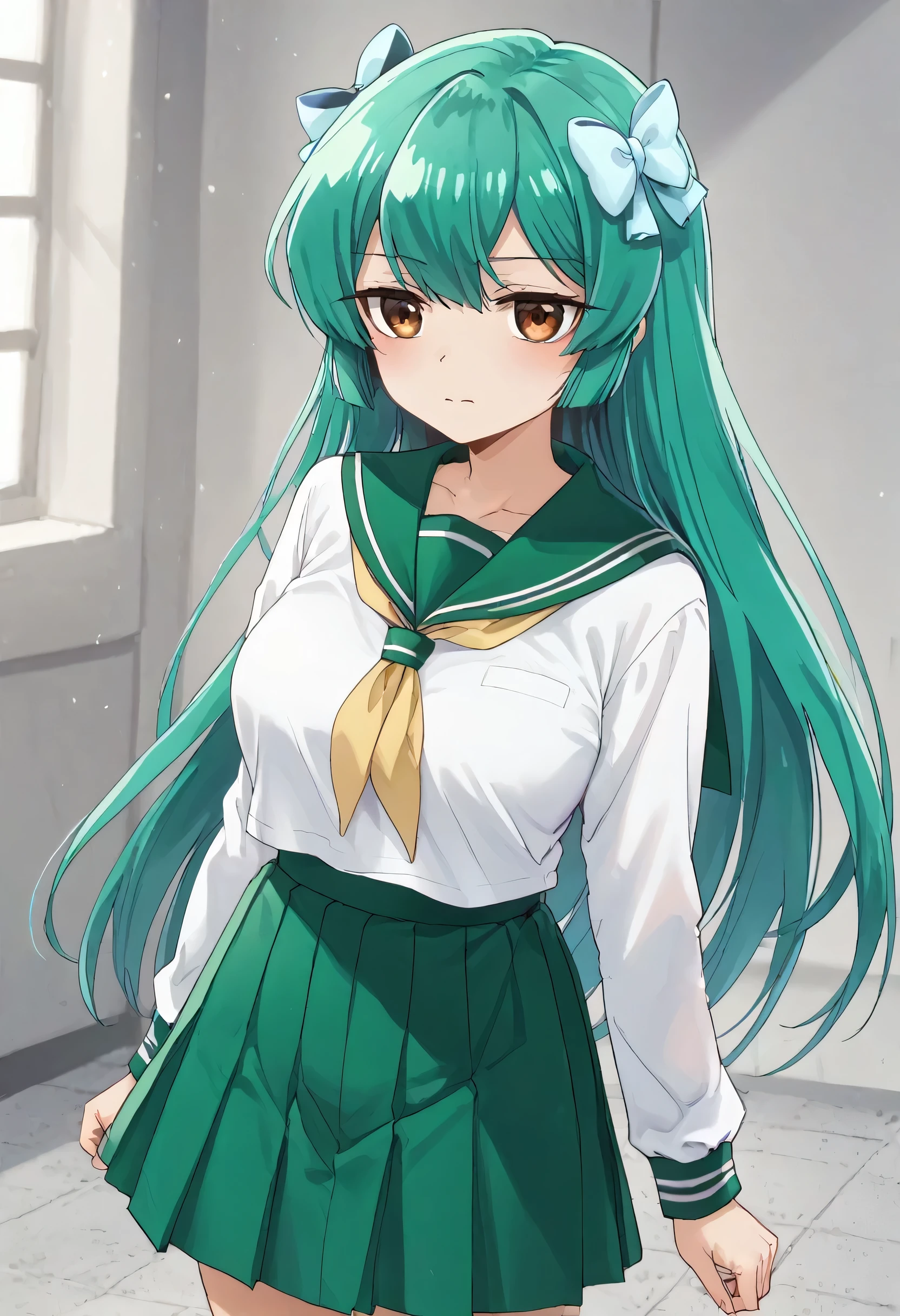 sayo minakami, long hair, brown eyes, bow, hair bow, green hair, skirt, shirt, long sleeves, school uniform, white shirt, pleated skirt, serafuku, sailor collar, neckerchief, green skirt, green sailor collar,big breast
