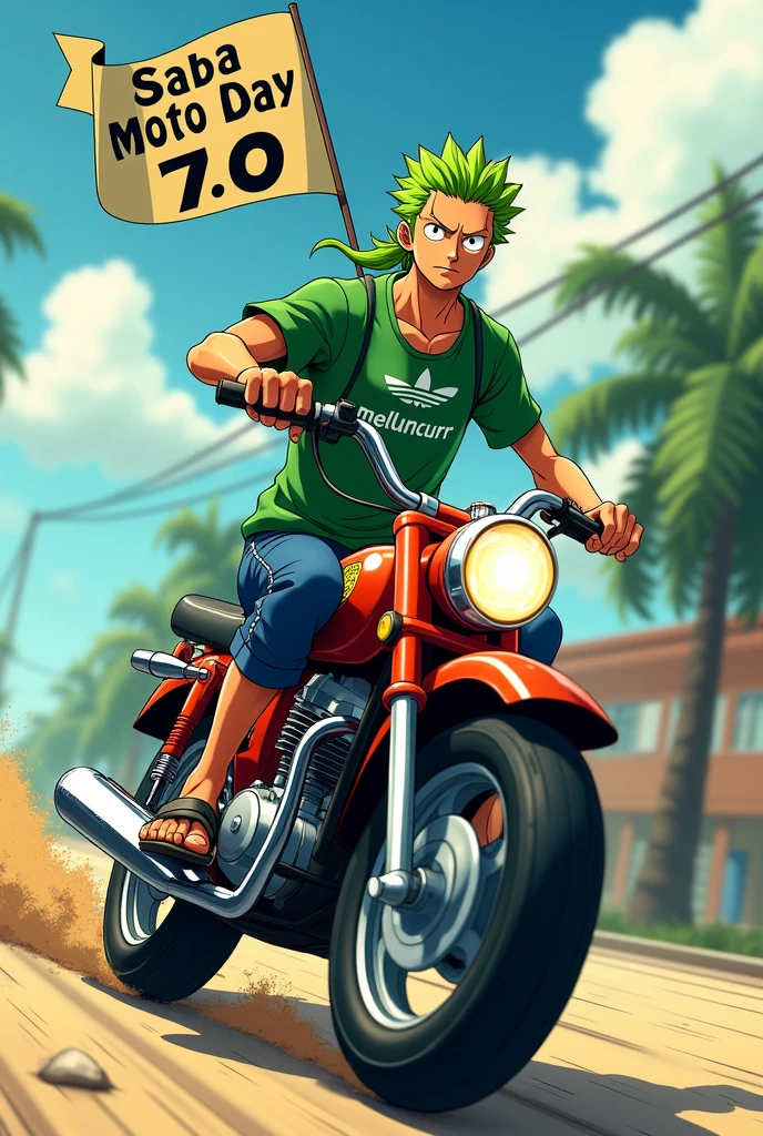 Anime One Piece Zoro is riding a moped , zoro mullet hairstyle , The color of his clothes is green , on the front of the shirt there is the word Meluncurr , Adidas clothing brand , bring a mini moped motorbike , raise right hand forward , palms open as if about to slide forward , carrying a banner that reads SABAH MOTO DAY 7.0