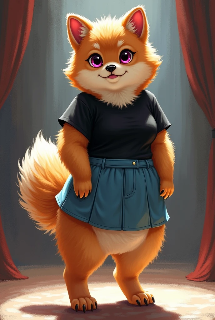 Detailed texture of fluffy fur, impressionist mix, (por Foxovh, Ross Tran, Michael Garmash, pino daeni, spark), detailed eyes, very detailed students., Alone, furry, the second, skye-pp, domestic dog, female, magenta eyes, cream skin, golden brown body, cuerpo standingl, fully dressed, Detailed texture of fluffy fur, curves, normal hips, inner hairy ears, from the front, standing, hood, black t shirt, blue skirt, big feet ,feet close up,foot tapping, no helmet, no gear, theatre background, day,1girl, ð, normal Breasts,