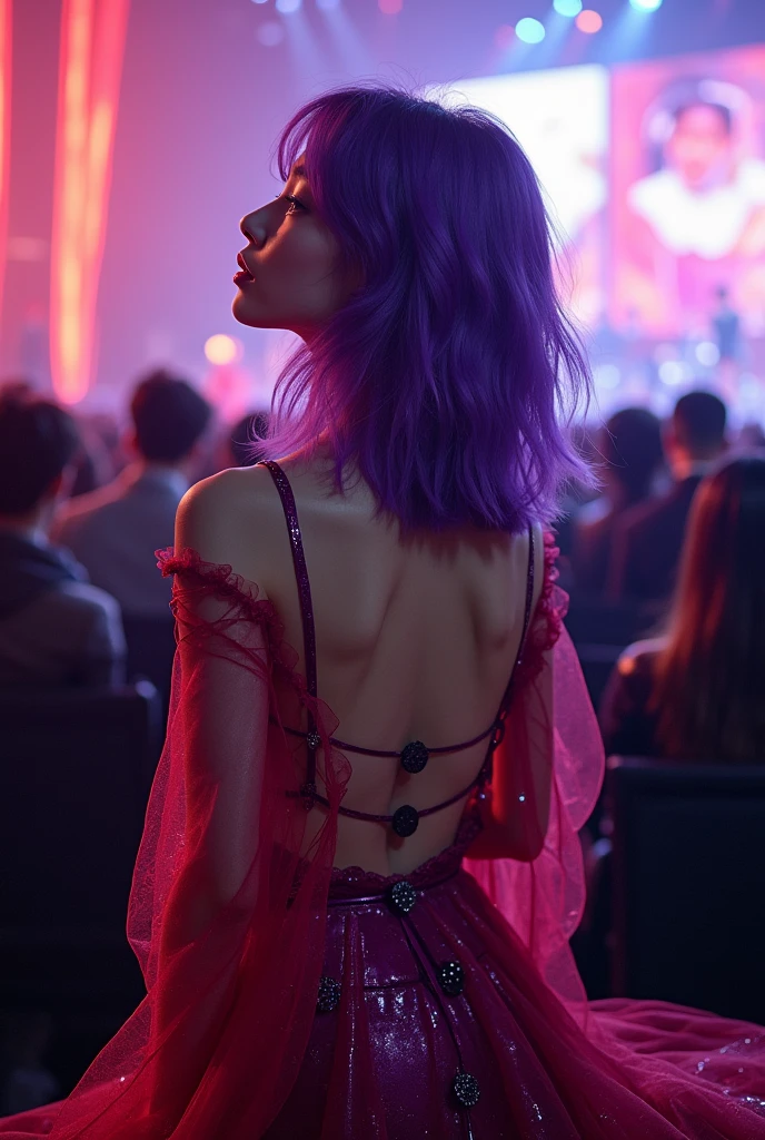 Korean purple hair butterfly woman in concert red purple and black transparent clothing watching concert Korean woman in concert perfect full body transparent clothing 