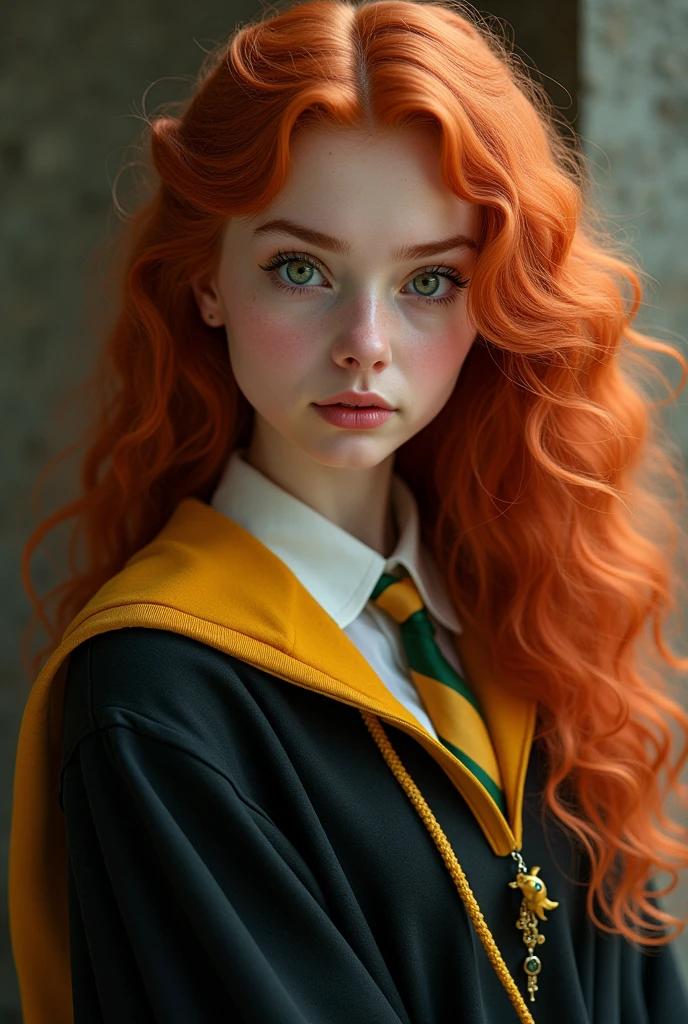 rousse avec de longs cheveux bouclés, les yeux verts foncés/marrons avec un uniforme d'harry potter, pouffsouffle
elle s'appelle Nora Smith
