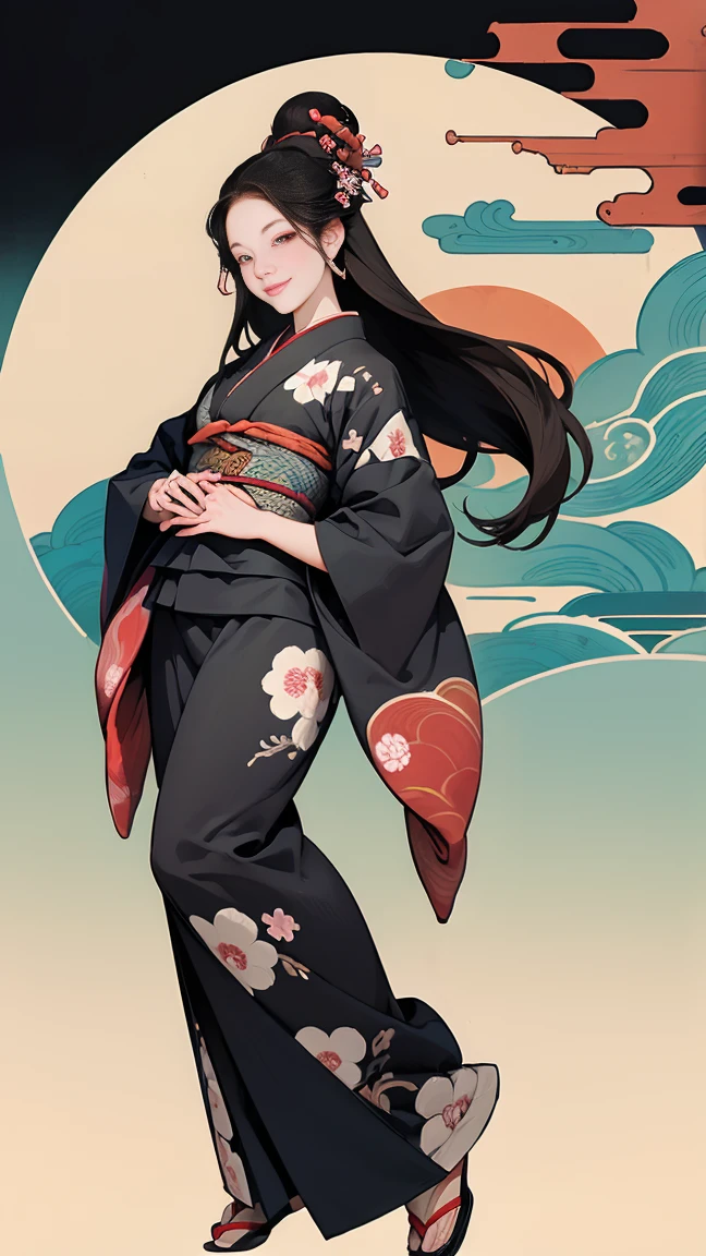 A beautiful woman smiles and shows her upper white teeth、Vividly colored Japanese Ukiyo-e style illustrations、(SeaArt creates stunning illustrations of beautiful women in kimono)、Brown-black long hair、Beautiful full body style、Let's dance a little Tokyo Ondo Yoiyoi、Beautiful digital painting,、Bright vibrant digital anime art、 Detailed digital anime art、 Beautiful anime portraits、background、Torii gate of a shrine in Kyoto, Japan、Detailed CG、