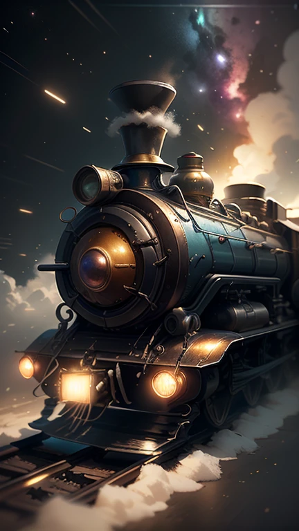 Fantasy,8k,Extremely detailed, masterpiece,High resolution,Highest quality,Increase the resolution,Cinema Lighting,Different space,4 dimensional world,Night on the Galaxy Express,cyber-,light blue body,Train-shaped spaceship,Steam locomotive-type spaceship,Maneuvering with a fusion reactor,30-car train、Run through the space zone,Numerous stars,Many Galaxies,Milky Way,Cruising at the speed of light,Seeing the Earth in the distance,Super Express,Andromeda Galaxy visible,Wide angle of view,Vision,Floating in the air,In the dazzling light,Extremely colorful,The whole carriage is visible,S-shaped,Rail of light,colorful cloud nebula,The whole universe glows blue