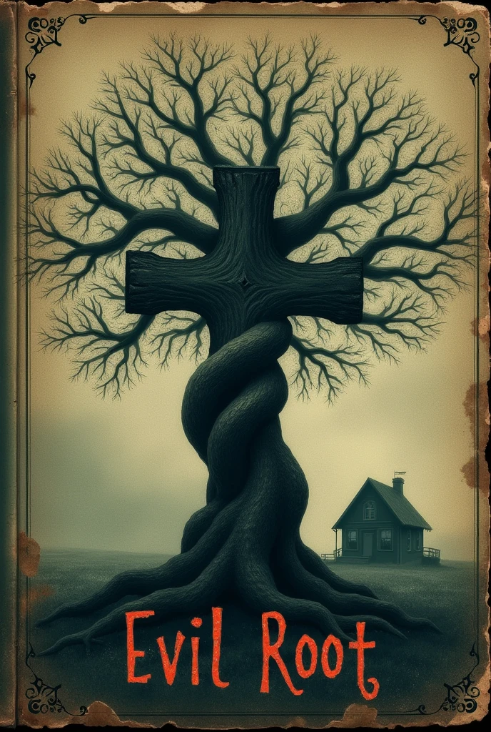 Create a cover for my book which is about horror ,His name is evil root. There has to be a tree, the name evil root and an inverted cross, but make a vintage image and make it a little minimalist, but make it more terrifying. Make it more realistic and less like the name evil root and have a little house nearby, but with the appearance of an old cover and with the name evil root in the middle and with a very haunted appearance, a little more realistic with the cross embedded in the trunk of the tree.