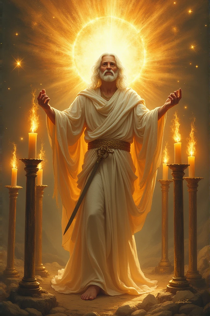 And in the midst of the seven candlesticks one like unto the Son of man, clothed with a garment down to the foot, and girt about the paps with a golden girdle.His head and his hairs were white like wool, as white as snow; and his eyes were as a flame of fire;
And his feet like unto fine br, as if they burned in a furnace;
And he had in his right hand seven stars: and out of his mouth went a sharp twoedged sword: and his countenance was as the sun shineth in his strength.