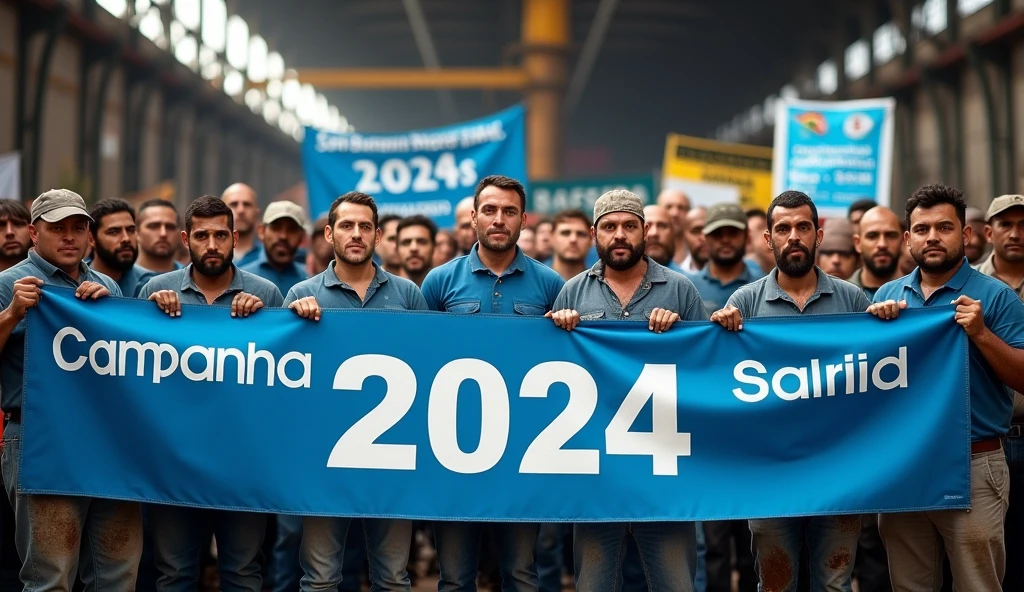 A high-definition Canon DSLR photo of a large group of Brazilian metalworkers blue skin, men and women, standing united in front of a factory. Their skin and uniforms are marked with dirt, and they hold a large blue banner with white text that reads "Campanha Salarial 2024". In the background, more workers hold various banners and posters, adding depth and energy to the scene, caveman era. 