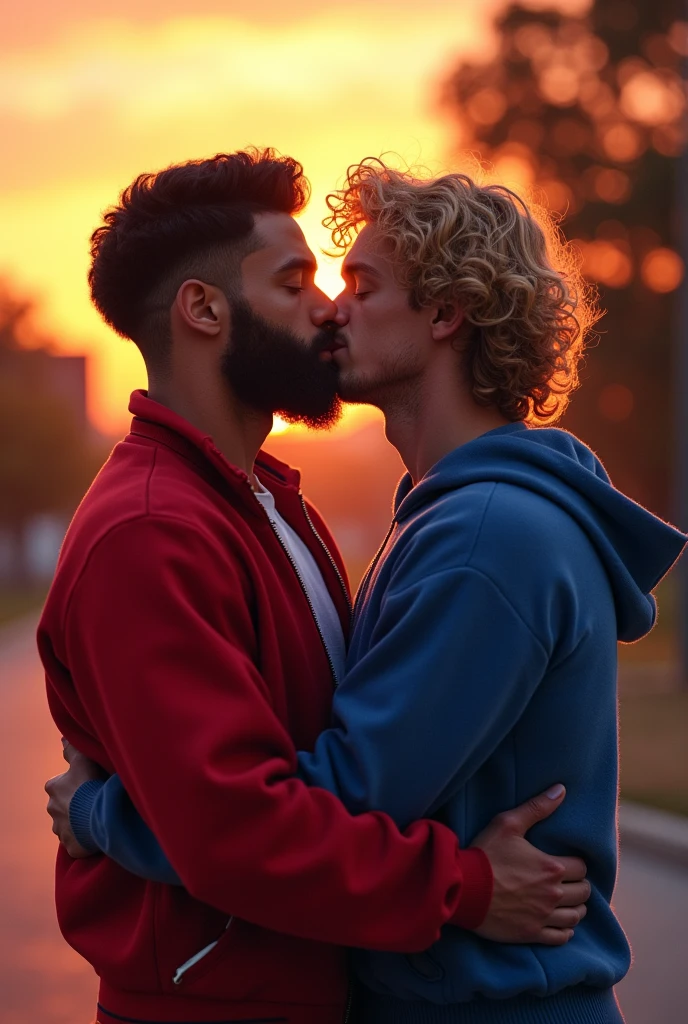 Bearded athlete with straight black hair in red football jacket kissing a handsome guy with blond curly hair in blue sweater at school 80s sunset gay couple