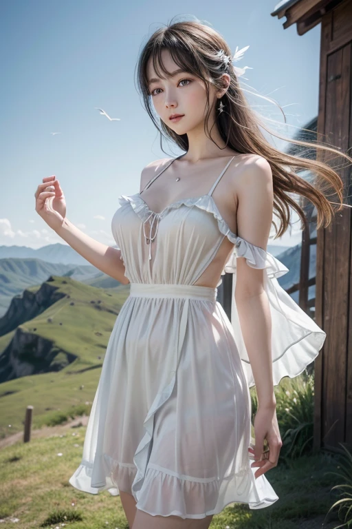 1 female, Mr...々Hairstyle,, big Ass ,Large Breasts,Plump,Sunburn,big ,

The wind spirit、With a light and free presence、Gives the impression of constant movement。Her hair is、White or pale grey、In light blue、It is constantly swaying in the wind。Her eyes are pale blue like the sky、It gives the viewer a sense of the freedom and expansiveness of the wind.。The skin is white and transparent、It has a lightness to it, as if the wind itself had taken form.。
	•clothing:
Her outfit is、An airy design that expresses the flow of wind.、Light and transparent material is used。The color of the clothes reflects the color of the sky.、Pale blue or white、The base color is light gray.。The dress is as light as a feather in the wind.、The frills and layers are designed to look like they&#39;re flowing in the wind.。Also、In tune with the movement of the wind spirit、The costumes are designed to flutter up in the air.。
	•accessory:
For accessories、Many designs that give the feeling of wind、Light earrings with feather and wind motifs、The ring is designed to catch the wind.。On her ears and neck、It has small bells and chimes that represent the whispering of the wind.、It makes a gentle sound with the wind.。
	• Pause:
She spread her hands、Poses where you manipulate the wind to fly up into the sky、The figure depicts him fighting by creating wind blades.。In the background、The expansive sky and the grassland swaying in the wind、The tops of mountains and other things are depicted.、The design evokes her free-spirited personality and the energy of the wind.。