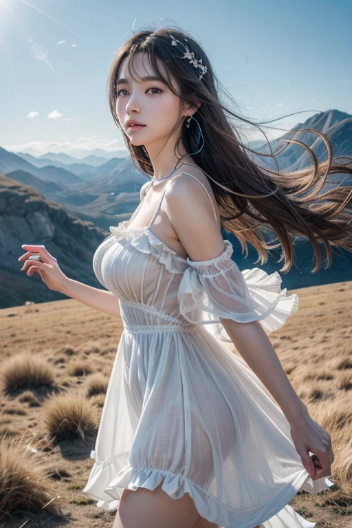1 female, Mr...々Hairstyle,, big Ass ,Large Breasts,Plump,Sunburn,big ,
The wind spirit、With a light and free presence、Gives the impression of constant movement。Her hair is、White or pale grey、In light blue、It is constantly swaying in the wind。Her eyes are pale blue like the sky、It gives the viewer a sense of the freedom and expansiveness of the wind.。The skin is white and transparent、It has a lightness to it, as if the wind itself had taken form.。
•clothing:
Her outfit is、An airy design that expresses the flow of wind.、Light and transparent material is used。The color of the clothes reflects the color of the sky.、Pale blue or white、The base color is light gray.。The dress is as light as a feather in the wind.、The frills and layers are designed to look like they're flowing in the wind.。Also、In tune with the movement of the wind spirit、The costumes are designed to flutter up in the air.。
•accessory:
For accessories、Many designs that give the feeling of wind、Light earrings with feather and wind motifs、The ring is designed to catch the wind.。On her ears and neck、It has small bells and chimes that represent the whispering of the wind.、It makes a gentle sound with the wind.。
• Pause:
She spread her hands、Poses where you manipulate the wind to fly up into the sky、The figure depicts him fighting by creating wind blades.。In the background、The expansive sky and the grassland swaying in the wind、The tops of mountains and other things are depicted.、The design evokes her free-spirited personality and the energy of the wind.。