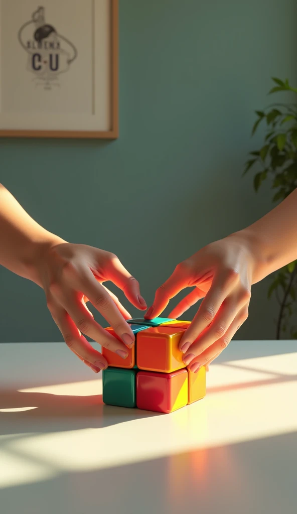 A beautiful hands playing puzzle cube on table 