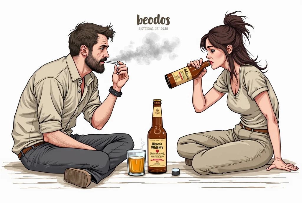 beer label, man sitting on the floor smoking a cigarette, woman sitting on the floor drinking a bottle of whiskey, Text "BEODOS", real staff