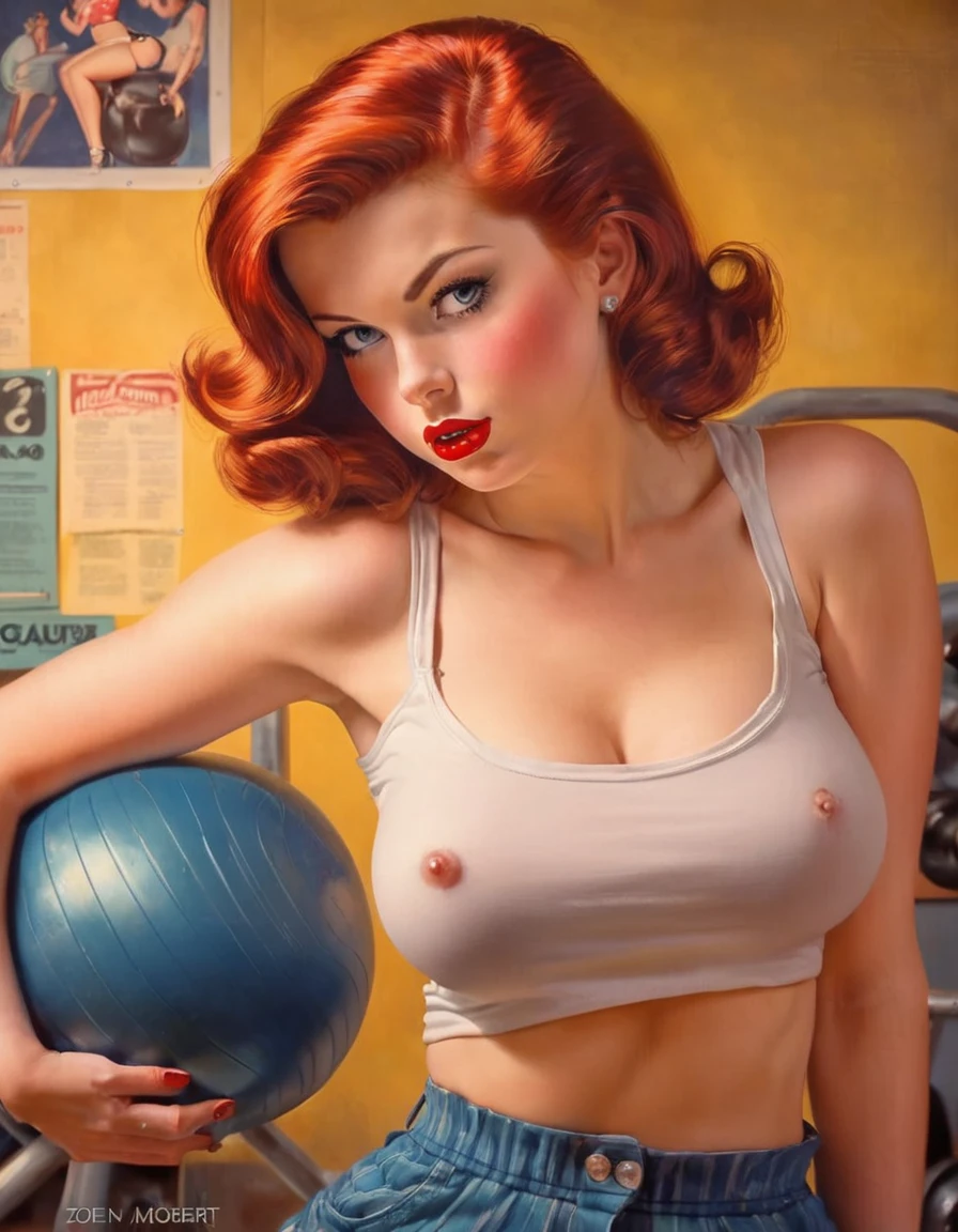 20 years old Girl in school gym, sexy gym cloths shorts and t-shirt, medium breast, shining skin, dramatic lighting, pin up style, sexy, surprised, , colorful , masterpieces, illustrated, shining skin, detailed face, Medium breast. tight body. red hair, Illustrated BY Zoe Mozert, pinup art byZoe Mozert, vintage pin up, illustrated by Zoe Mozert, girl pinup, pinup girl, pin-up poster girl, pin up girl, pinup, pin - up girl, Detailed face, Detailed Hands, Detailed legs,