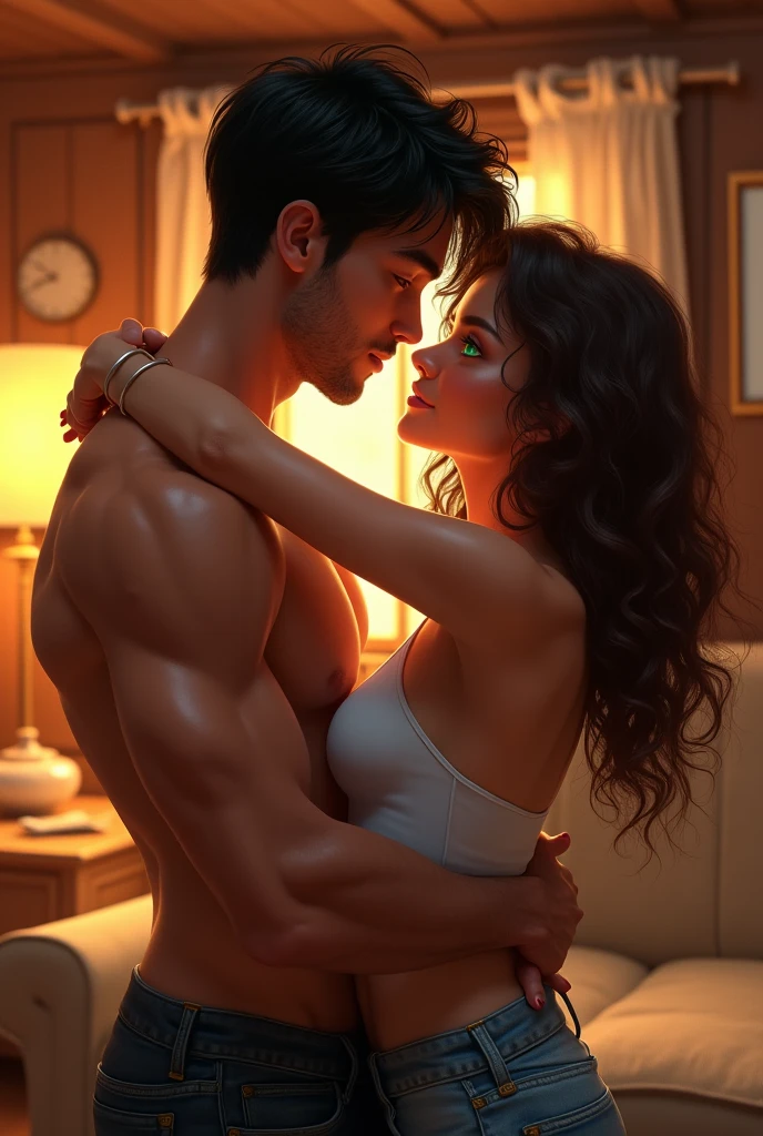 a girl with light brown skin, green eyes and curly brown hair with a lush body next to her is a muscular and handsome man with dark blue eyes and jet black hair. Making love, the two of them looking at each other with love in a homely cabin