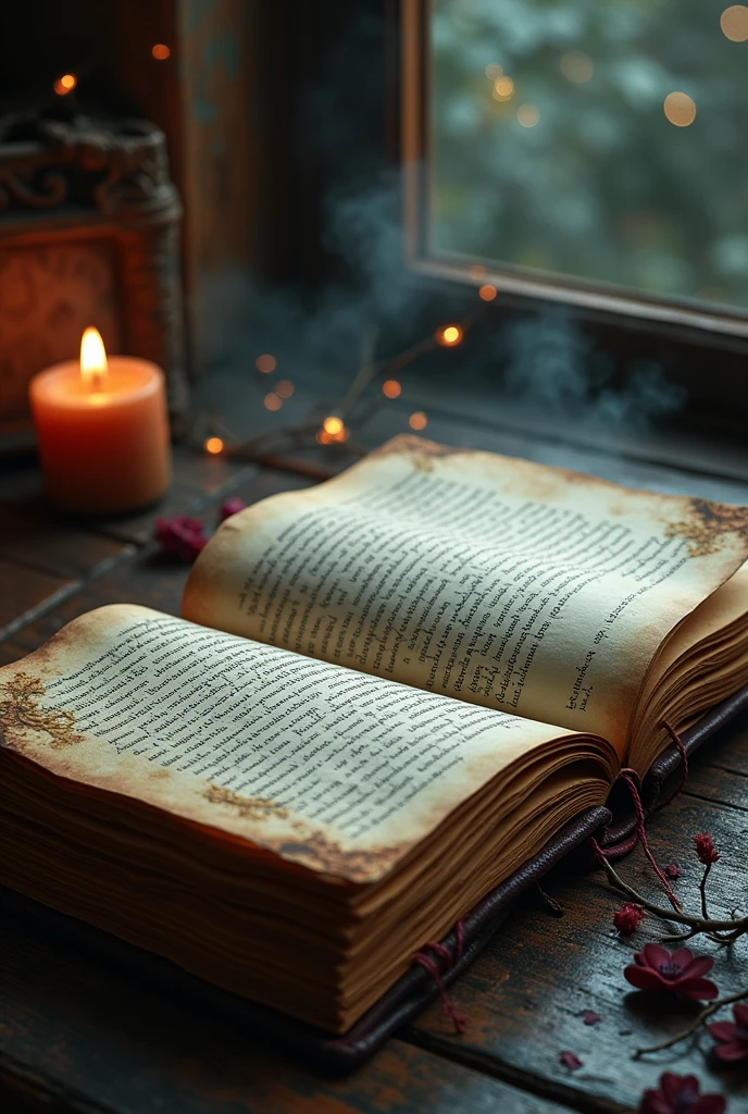 Writing notebook with magical aura, with the dark wine colored cover, it is open with old pages and with words that tell a story.
