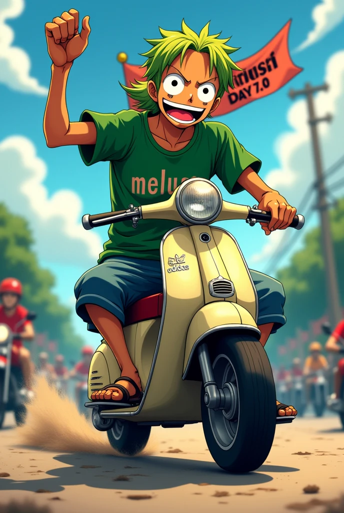 Anime One Piece Zoro is riding a moped , zoro mullet hairstyle , The color of his clothes is green , on the front of the shirt there is the word Meluncurr , Adidas clothing brand , bring a mini moped motorbike , raise right hand forward , palms open as if about to slide forward , carrying a banner that reads SABAH MOTO DAY 7.0