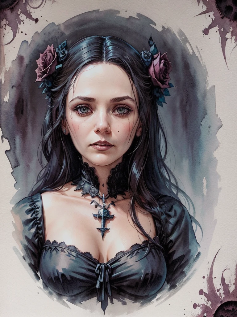 Beautiful portrait of l1z0l in a gothic composition with skulls and roses, ink and watercolor, movie poster, vampire movie, high resolution, many details, perfect anatomy, watercolor painting
