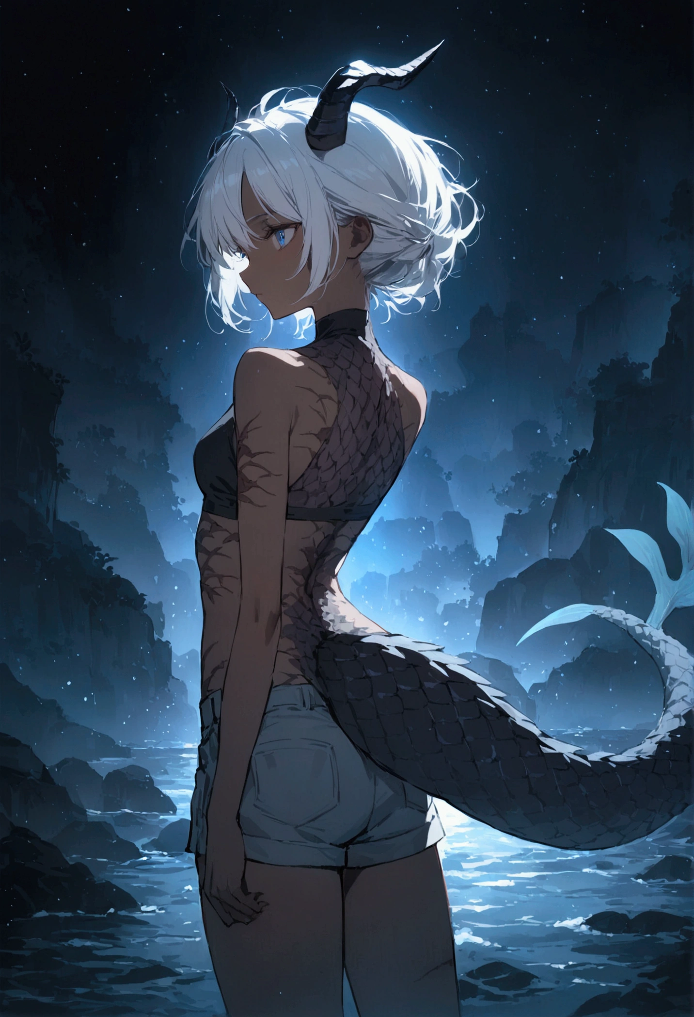 A girl with dark skin in blue-gray tones, has several scars on her body, white hair that falls to her shoulders, slightly ruffled, blue eyes, wears a black crop top and gray shorts. Seaweed wraps around her body, and she has a fish-like tail with spines. Black horns adorn its head, and its back is covered in scales. A mysterious and fascinating being.