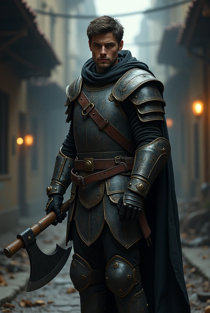 (photorealism:1.2), Mercenary, medium armor, sad, axe on hand, young, 2, brown hair,