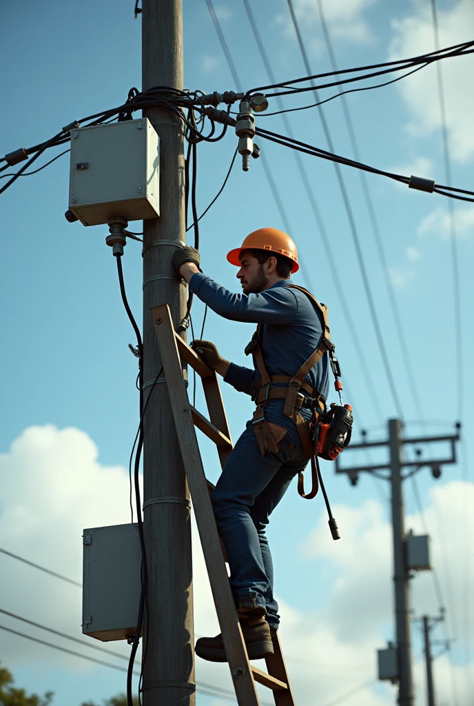 a telecommunications technician working on top of the ladder attached to the pole