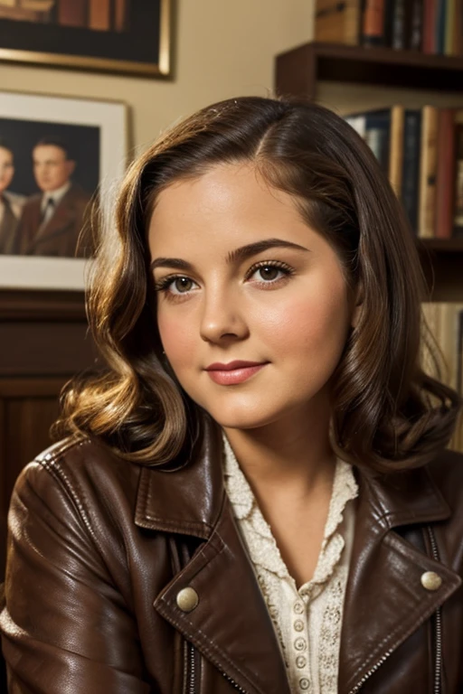 Medium view, of young aged, , face portrait, jewish features, chubby, long hair, brown hair, 1940s hair style, 1940s clothing, leather jacket, in cozy jewish home 1936, sweaty