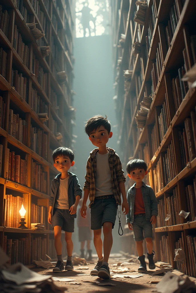 5 young people in an old library, 3 d image