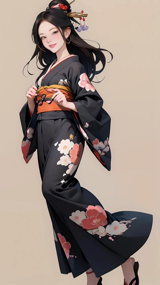 A beautiful woman smiles and shows her upper white teeth、Vividly colored Japanese Ukiyo-e style illustrations、(SeaArt creates stunning illustrations of beautiful women in kimono)、Brown-black long hair、Beautiful full body style、Let's dance a little Tokyo Ondo Yoiyoi、Beautiful digital painting,、Bright vibrant digital anime art、 Detailed digital anime art、 Beautiful anime portraits、background、Torii gate of a shrine in Kyoto, Japan、Detailed CG、