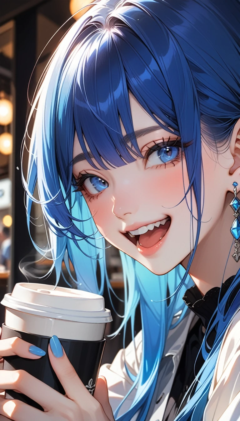 High resolution, masterpiece, Highest quality, Ultra high definition, ２Colored Hair, one person, 独奏, Earrings, Close your mouth, Close-up, Drinking coffee at a cafe,very loud laugh,Marine blue hair、