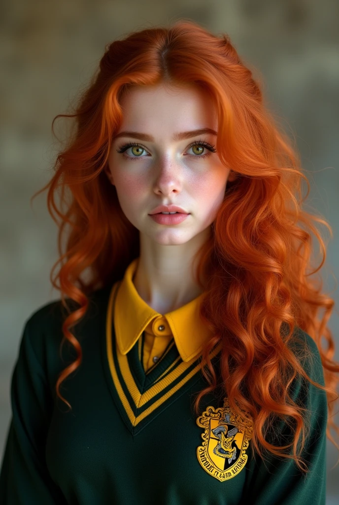 rousse avec de longs cheveux bouclés, les yeux verts foncés/marrons avec un uniforme d'harry potter, pouffsouffle
elle s'appelle Nora Smith